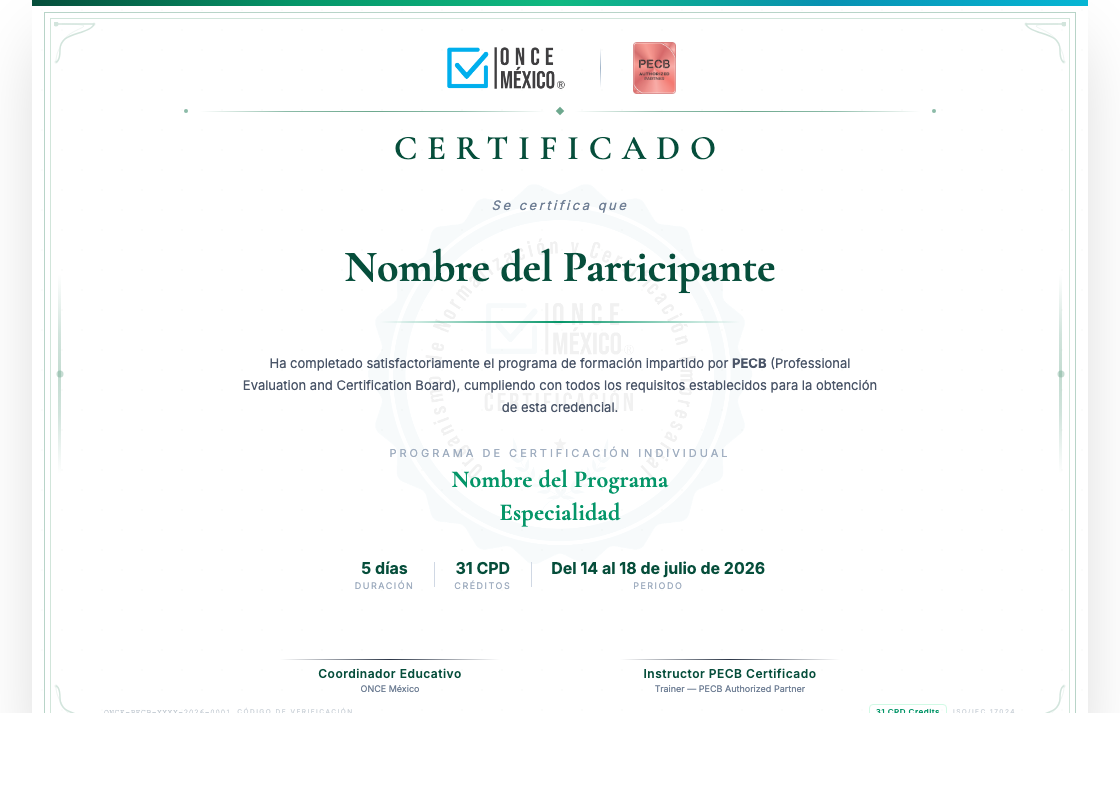 Prototipo de certificado ONCE M&eacute;xico y PECB